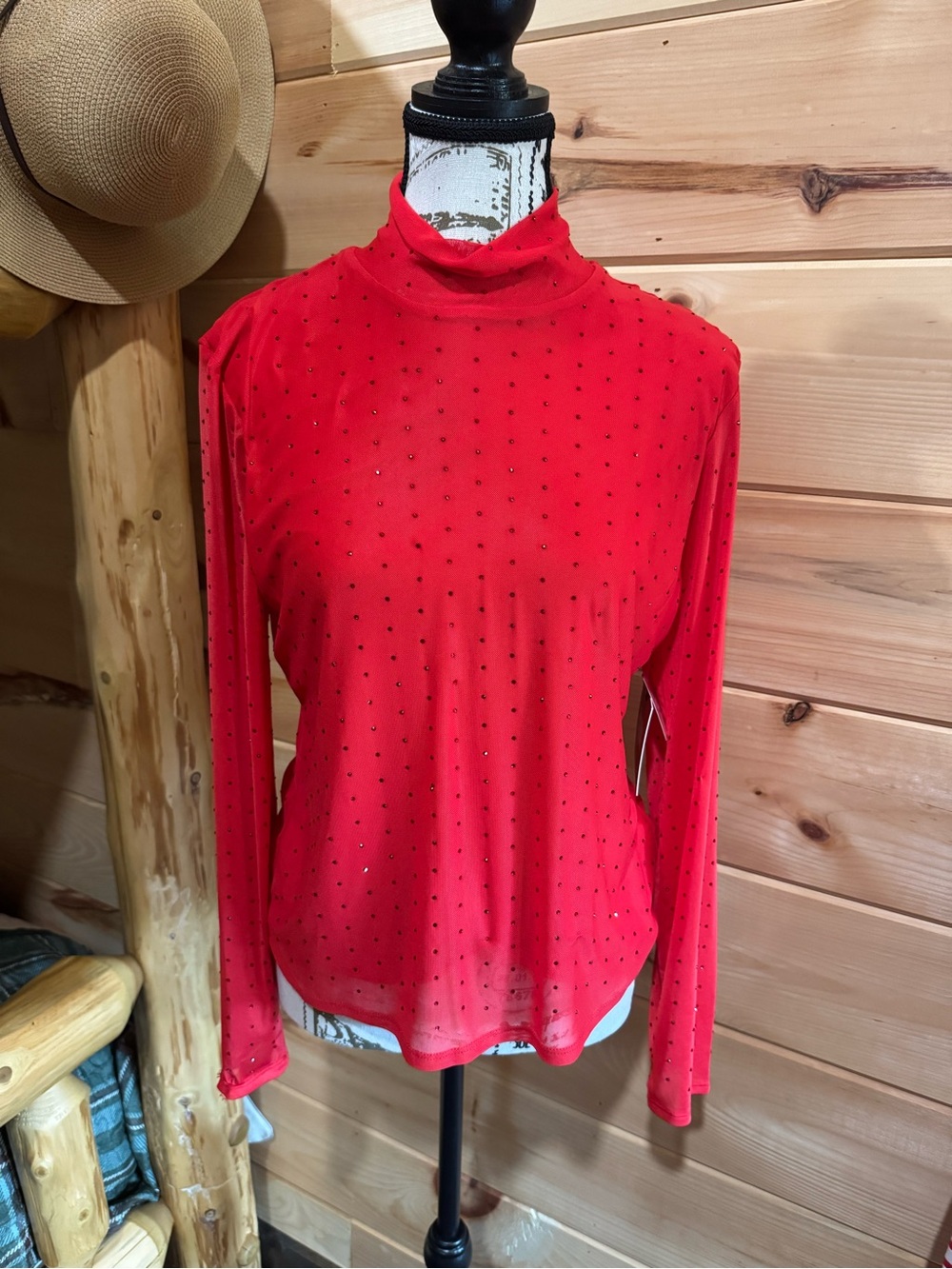 Reba Red Mock Neck Long Sleeve Top with Subtle Dot Detail
